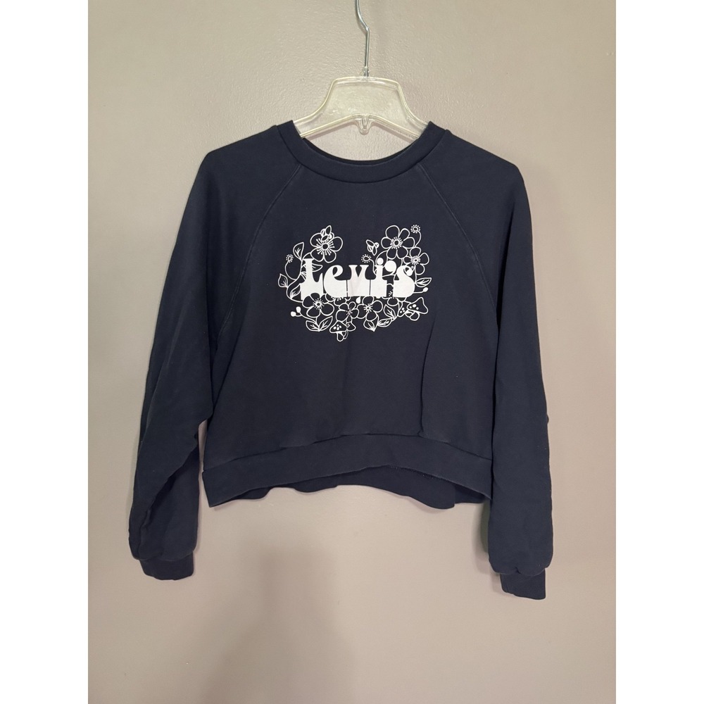 Levis Vintage Raglan Cropped Sweatshirt Black Floral Logo Pullover Women Size M